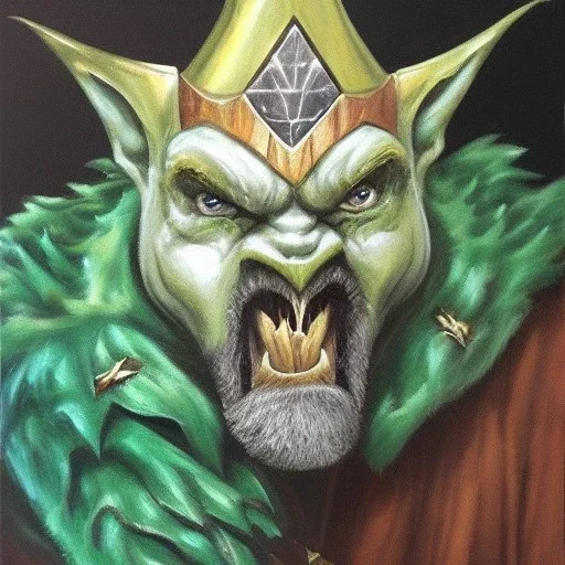 dungeons and dragons, fantasy, goblin, king, green skin, oil painting, large strokes, distinct face, portrait, head, crude crown