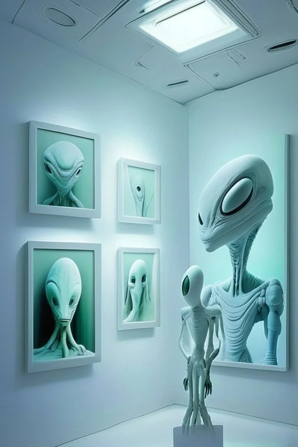 Alien Museum The color of the wall is white and there are more than one painting of aliens