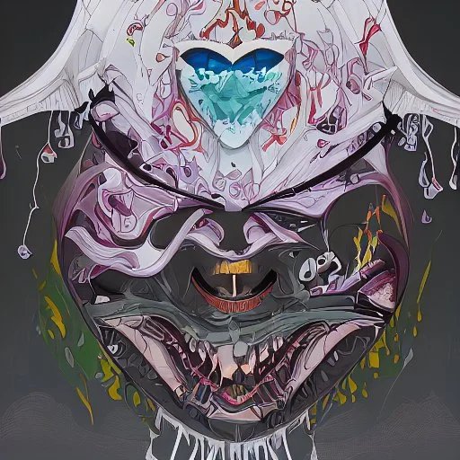 Surreal digital illustration of only a floating mouth that is puking out a psychedelic lovesick hearts covered in spit, spilling from the large pair of cartoonist , Camilla d'ericaoverexaggerated lips, manga inspired, absurdist, postmodern, only black and grey color palette, crude, fluid acrylic paint, epoxy resin , acrylic pour, unusual colors, trippy, gross, abstract, pulp fiction art style illustration, behance, grotesque, lovesick,