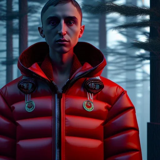 Gaspar noe, hand camera, full body, red puffer jacket, dramatic lighting, hyper realistic, 8k quality, unreal engine 5