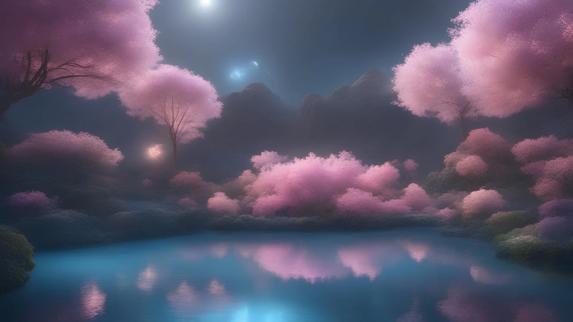 beautiful galactic garden, pure harmony, soft pink, soft blue, galactic, magic, transcendent, goodness, divine, warm look, fantastic magical flowers background, colored lake, ultra sharp focus, ultra high definition, 8k, unreal engine5