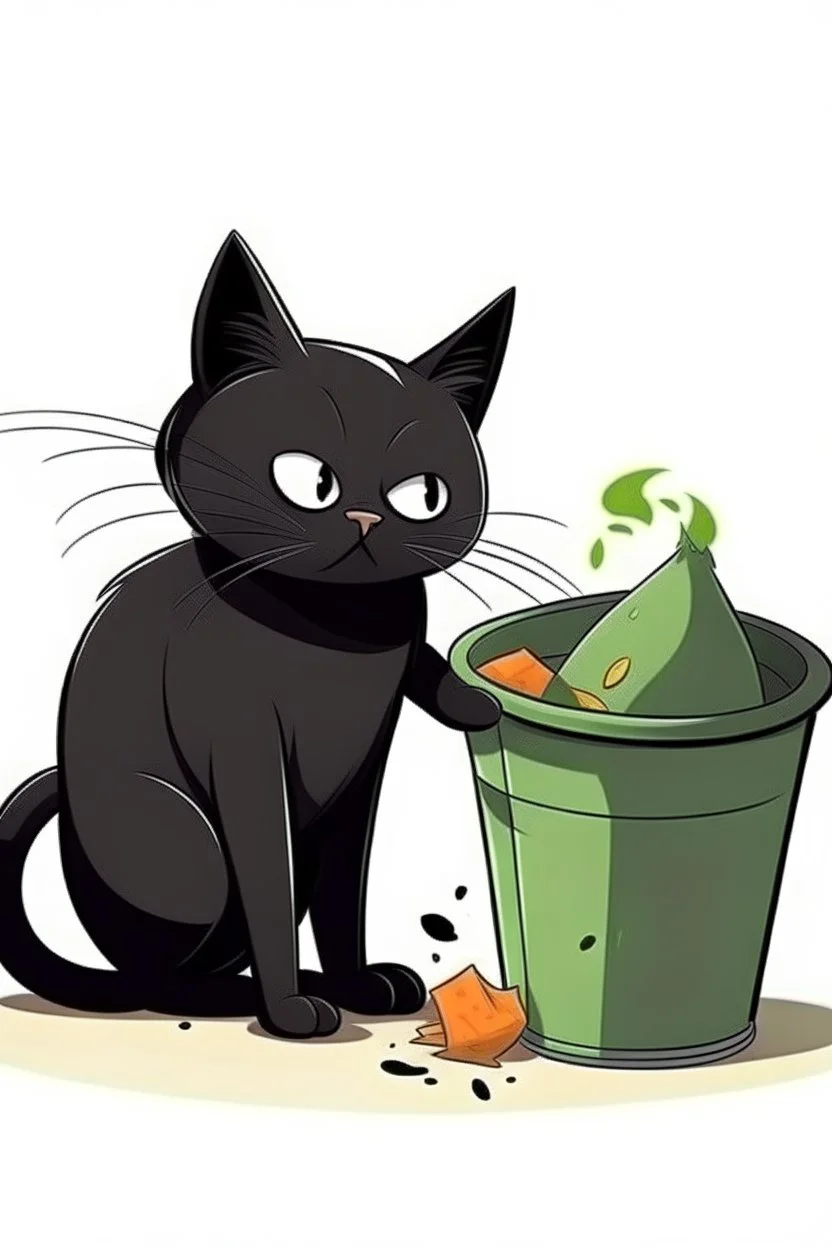 black thin cat cartoon eating from dustbin