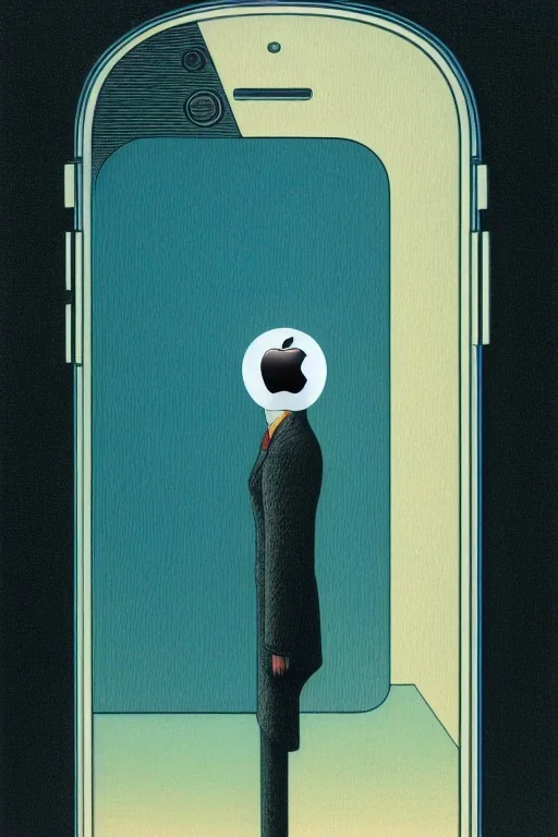 a vibrant ultraclear sideview waist up portrait of a iphone by rene magritte and laurie greasley, etching by gustave dore, colorful flat surreal, ethereal, intricate, sharp focus, illustration, highly detailed, digital painting, concept art, masterpiece