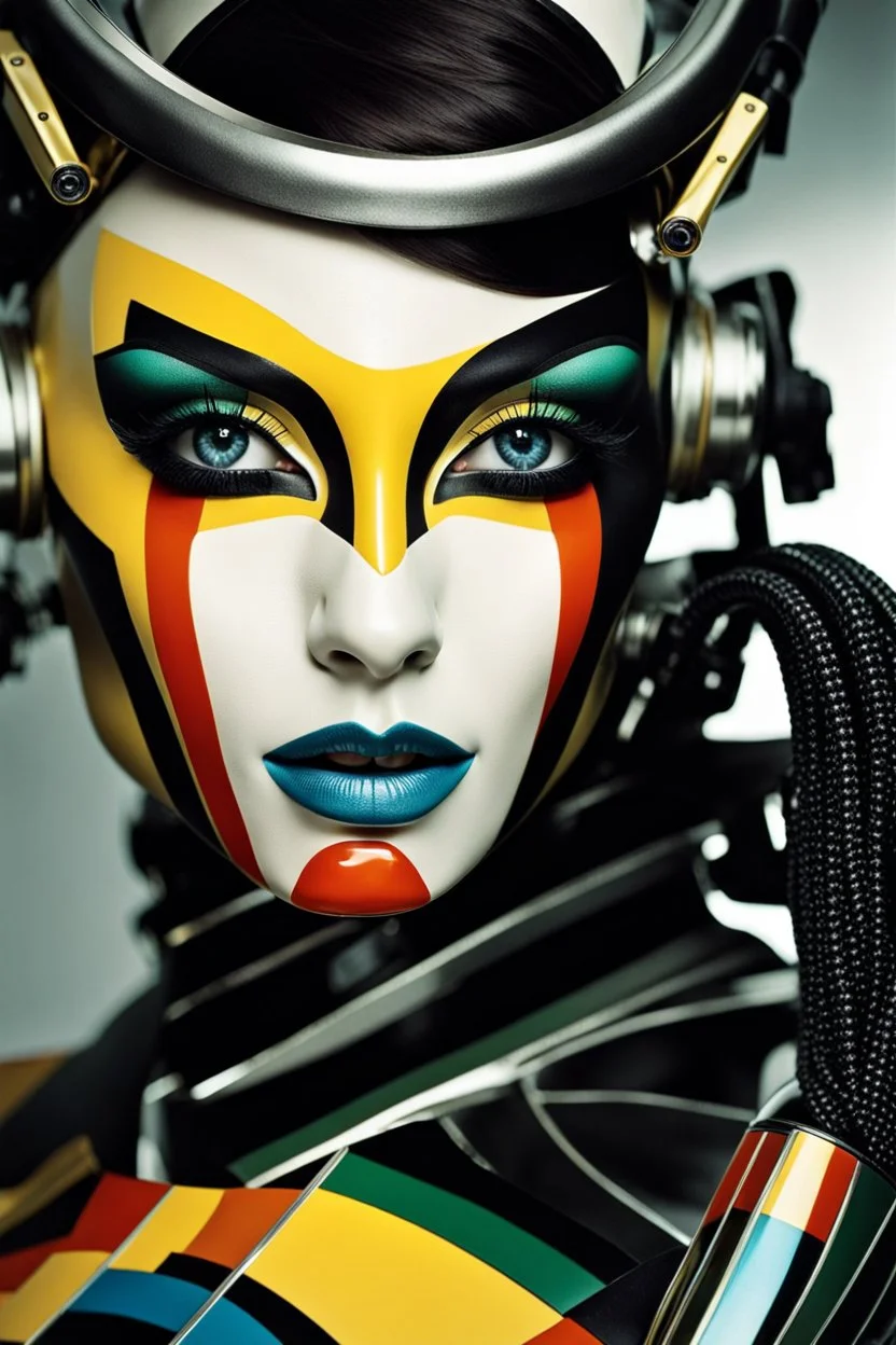 female humanoid robot, beautiful like a supermodel from the sixties, beautiful eyes, sexy, most beautiful, helmut newton, evil woman, hypnotic eyes, polaroid colors, electric sexuality