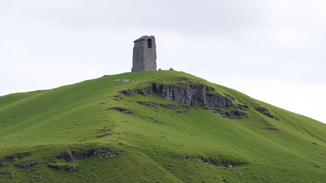 Solitary tower emerging from a hillside covered in green grass, contrasting with the eroded rock at the top.