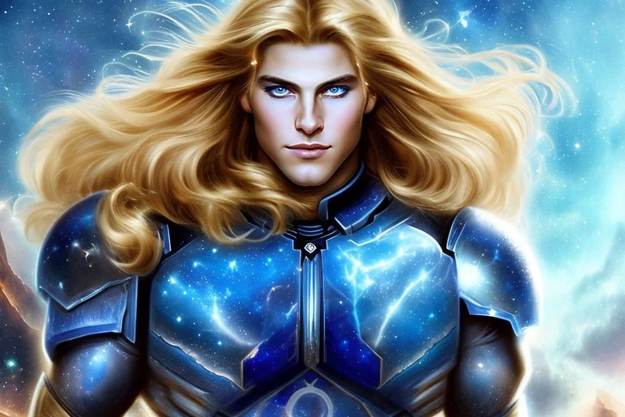 beauty cosmic warrior men with big blu eyes and smiling, wiyh long hair