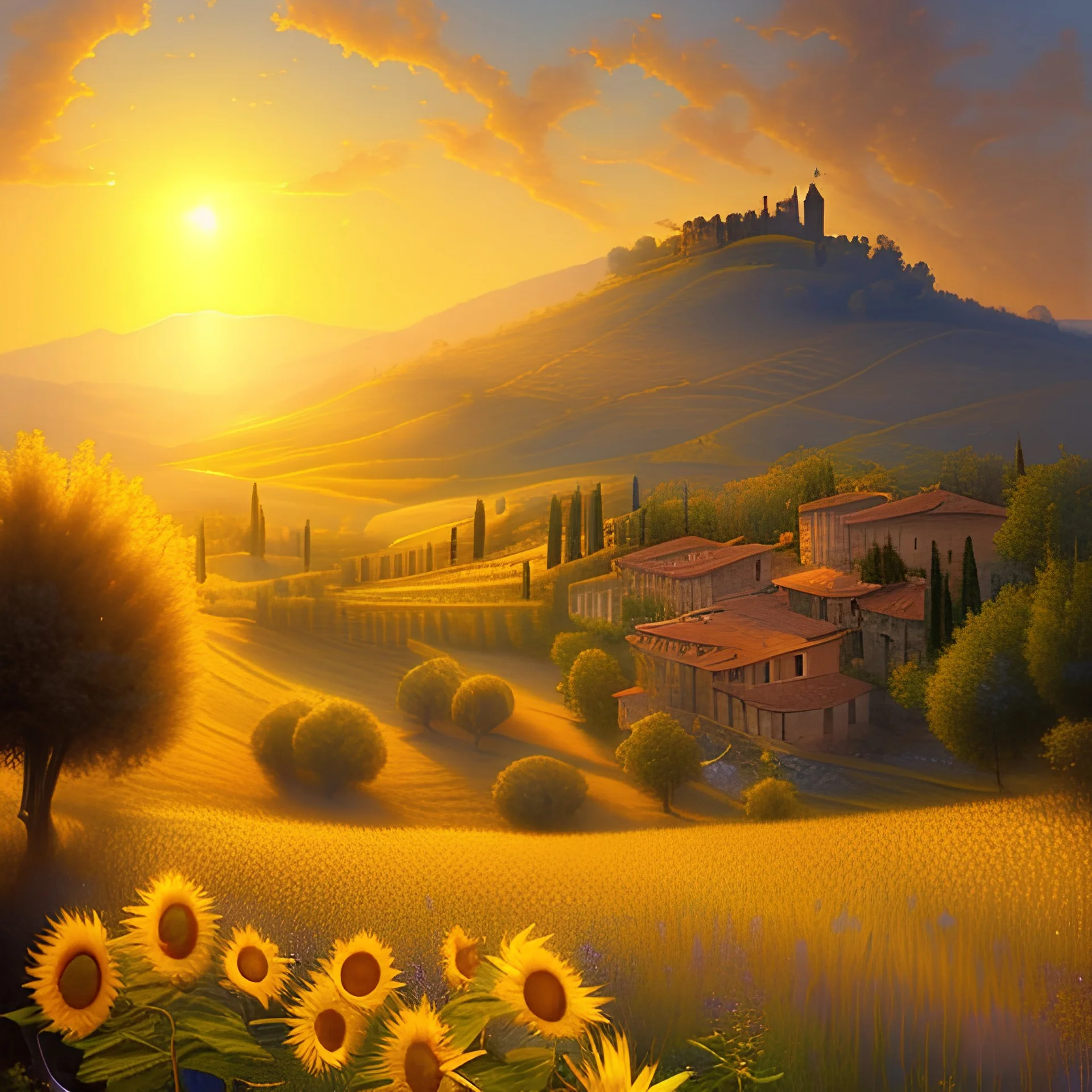 Golden hour,Tuscany hills, campi di girasoli, cipressi, Italian town,landscape magical, detailed, 8k resolution concept art by Greg Rutkowski,dynamic lighting, hyperdetailed, intricately, volumetric lighting, Alphonse Mucha