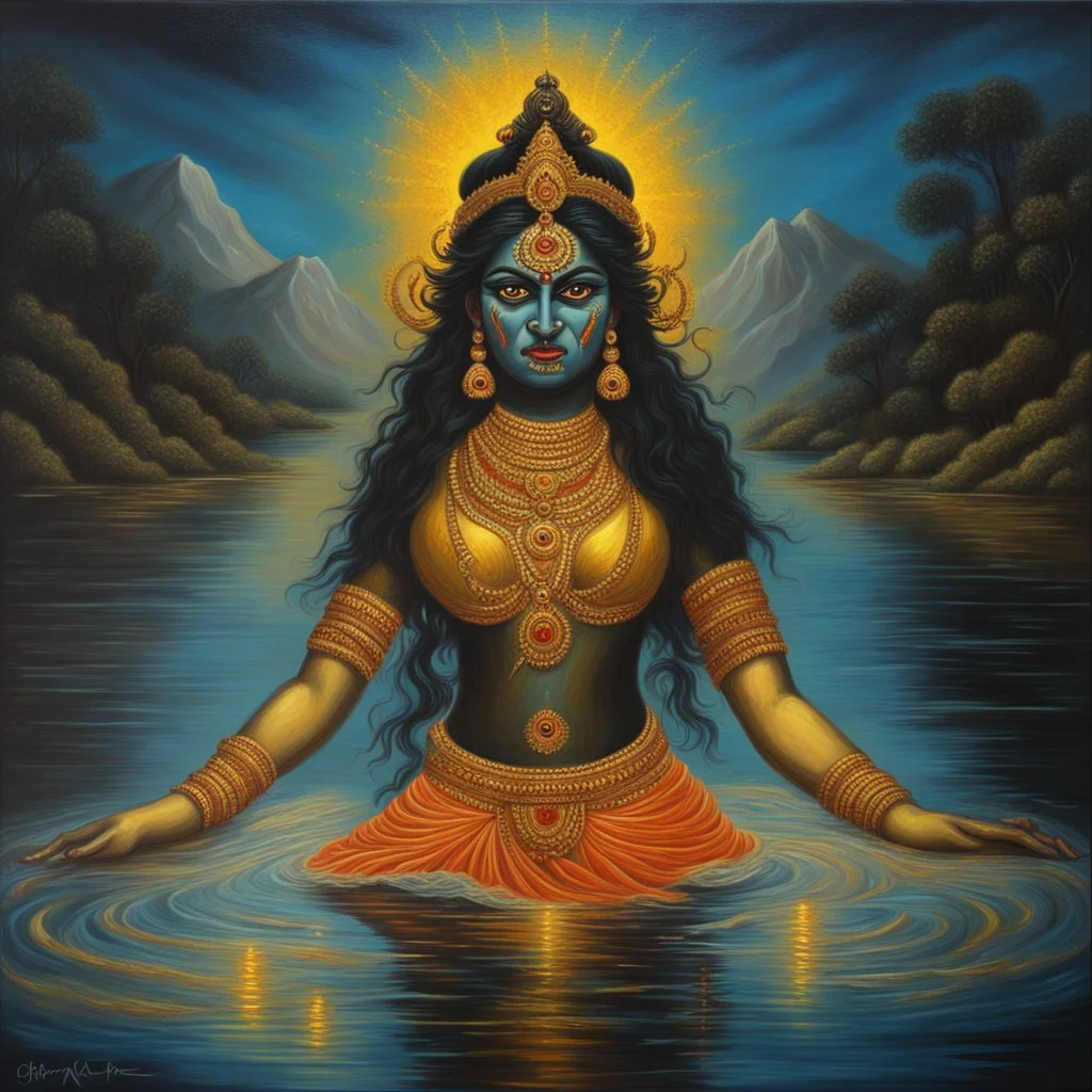 An oil painting of goddess Kali crossing a lake, neon gold colors, high detail eyes,