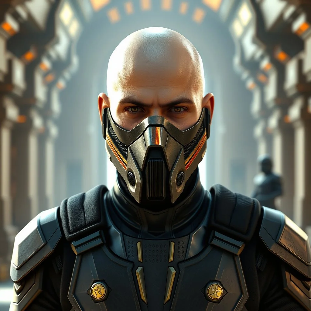 bald male corellian jedi wearing gunmetal grey and black old republic armored flightsuit and breath mask with gold and metallic red trim inside the jedi temple, centered head and shoulders portrait, hyperdetailed, dynamic lighting, hyperdetailed background, 8k resolution, volumetric lighting, light skin, fully symmetric details