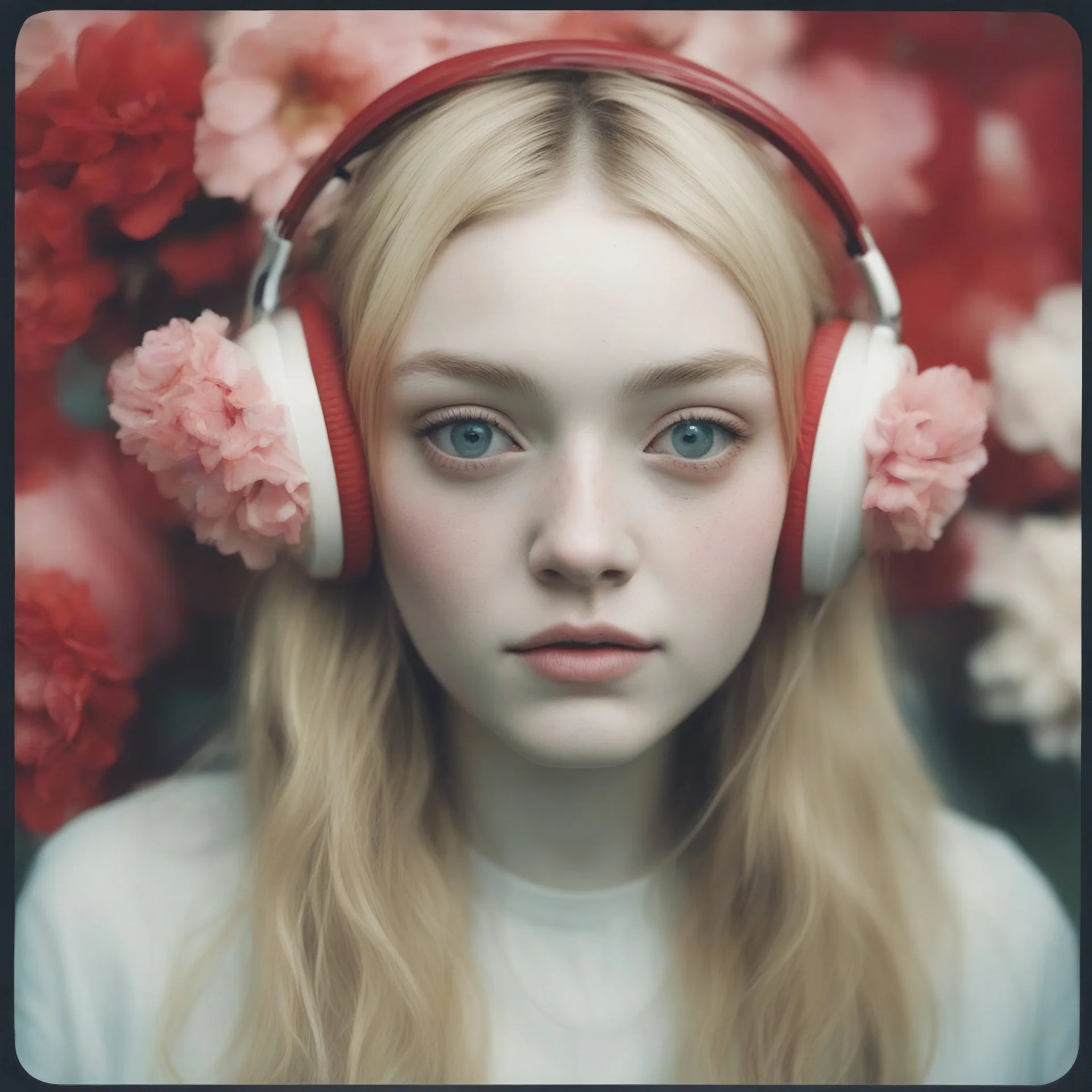 Futuristic Polaroid head shot of dakota fanning,with freckles on her face, hair adorned with big flowers, red cheeks and nose, headphone