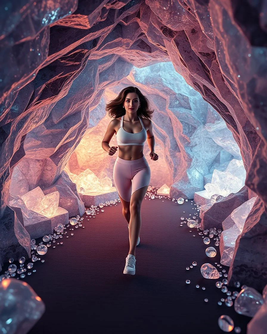 make a video pretty crystal cave covered with jewells and CIFI jewell lights and 3d recursive cubic and sphere base pearls and jwells a beautiful fashion model lady with cute,curvy hair,makeup, in pretty sports suit is running inside cave ,dynamic camera fallow her inside cave capturing full body, dynamic lights.