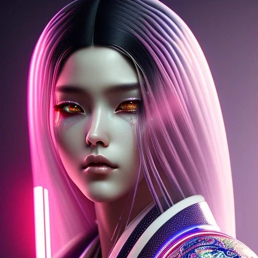 Rosalía, Cyborg anime samurai, cyberpunk, white skin, light black hair, geisha hairstyle, cobalt eyes, blood stains, waist up portrait, 8k resolution, retroanime, intricate details, neon details, soft lighting, vibrant colors, masterpiece, intricate eyeliner, dark eyeshadow, eyes, intricate tattoos, gradient background