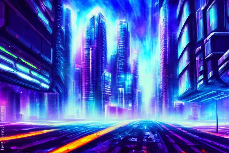 Futuristic cyberpunk street, planet in the sky, impressionism painting