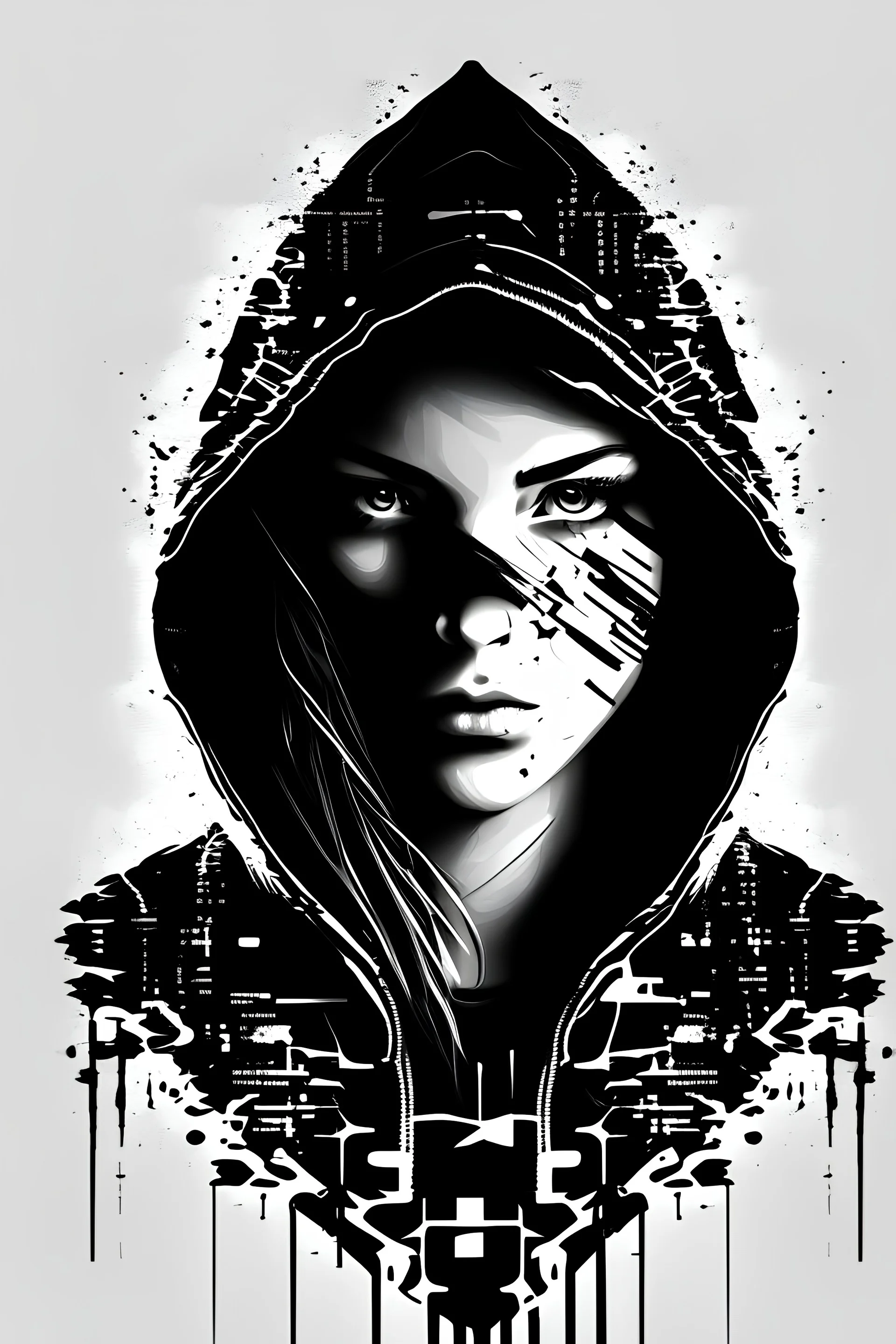 Create a logo of an epowered female hacker with an huddie with the face forward faceing, in black and white to be used as a logo