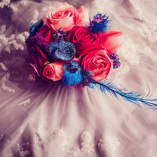 delicate bouquet of lace pearls and feathers, chiaroscuro, vivid colors, festive colors, dramatic lighting, beautiful composition, aesthetic layout