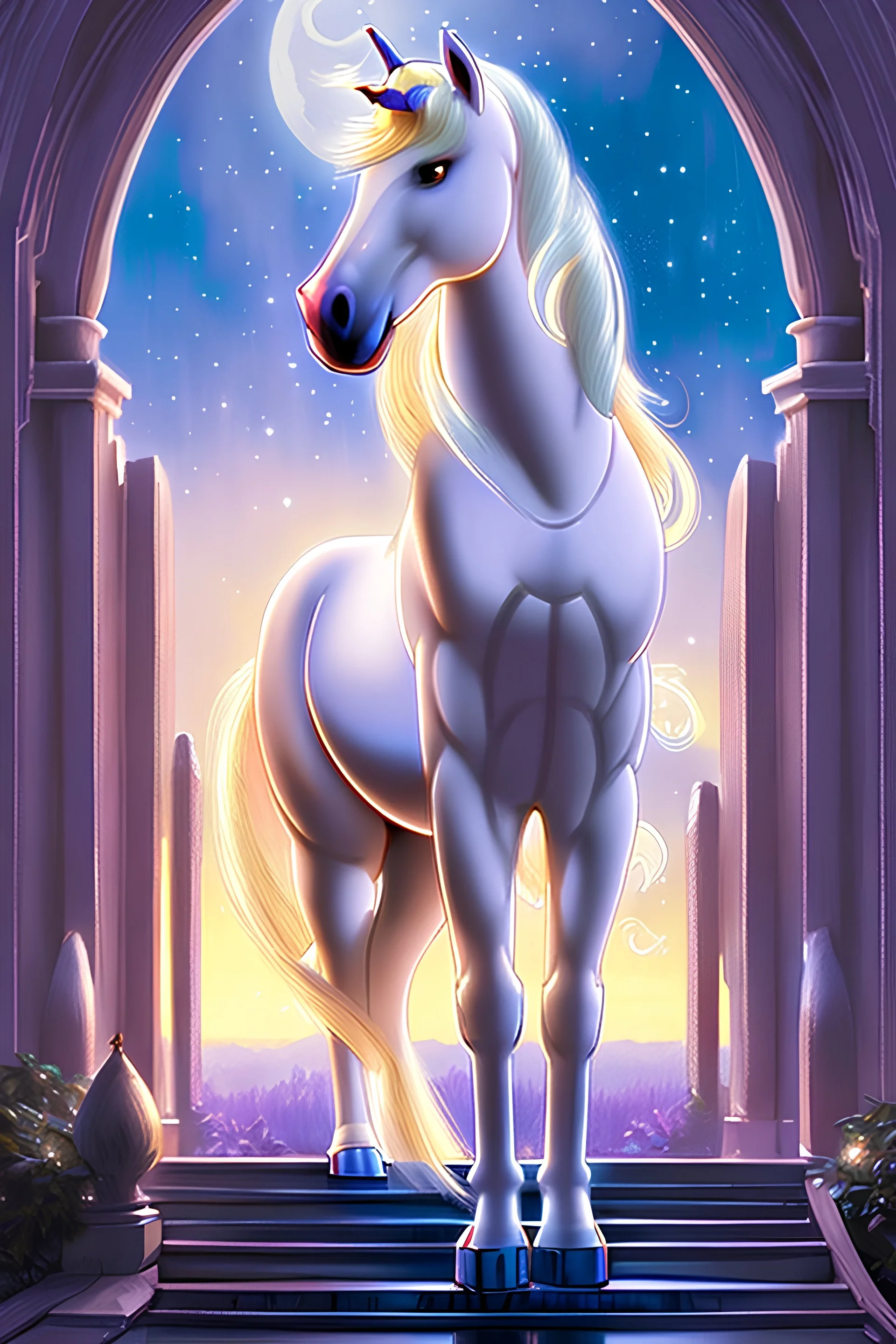 A beautiful story book image of a proud white unicorn stallion in front of a beautiful fantasy Disney palace in an enchanted magical forest by Mark Brooks and Dan Mumford, eight year old's story book art