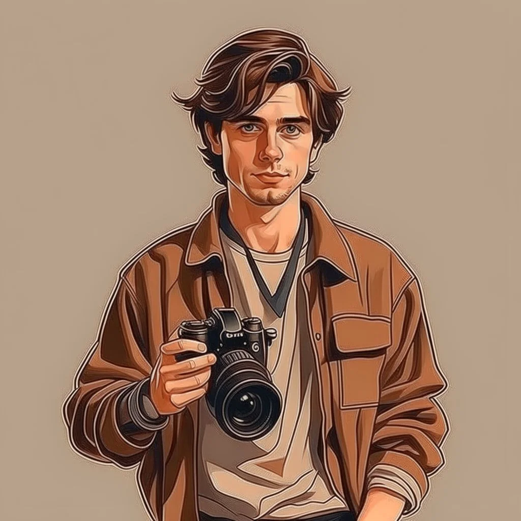 Brown haired stoic man with casual 90s clothes and a camera realistic art