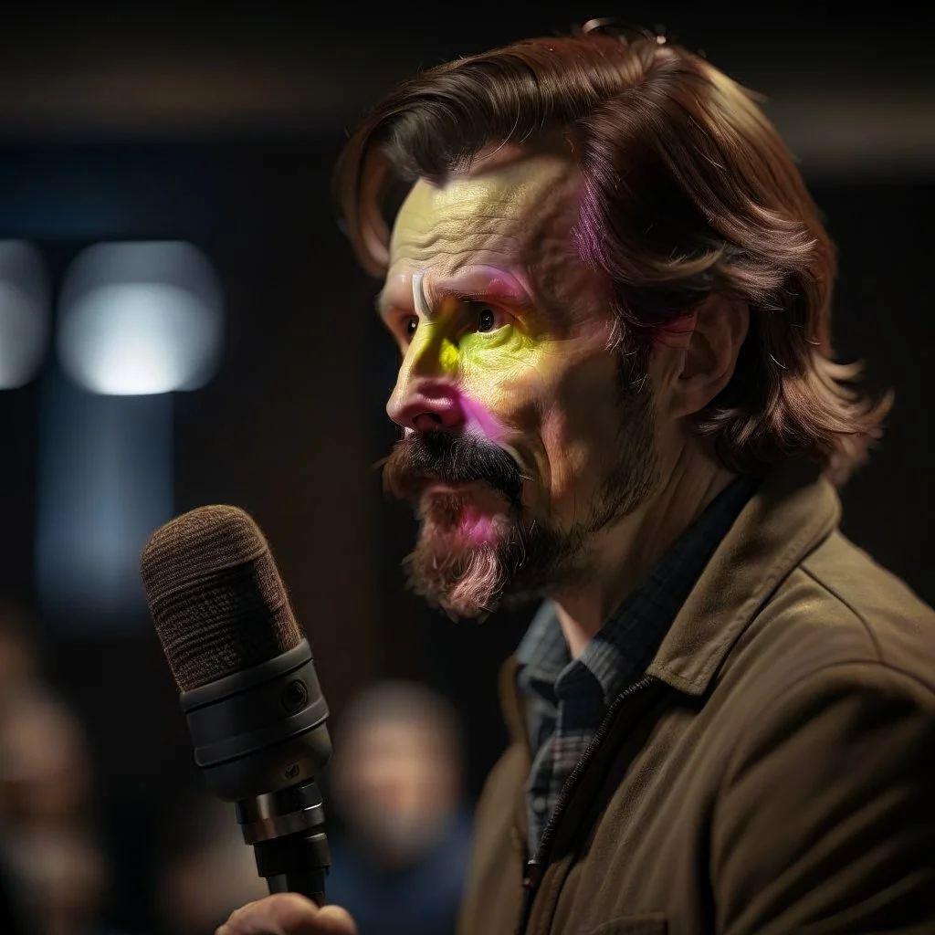 Espen Hæhre with thick hairy eyebrows, and tiny mic, directing a debate, photo-realistic, shot on Hasselblad h6d-400c, zeiss prime lens, bokeh like f/0.8, tilt-shift lens 8k, high detail, smooth render, down-light, unreal engine, prize winning