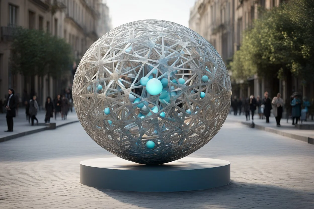 статуя на улице, Шар как атом/молекула: Сделать поверхность шара похожей на модель атома или молекулы, используя геометрические формы, светящиеся элементы или проекцию. . Для этого можно использовать различные геометрические формы, такие как круги, треугольники, шестиугольники и т. д., чтобы создать абстрактное изображение структуры атома или молекулы. Кроме того, возможно использование светящихся элементов, чтобы придать статуе особую магическую атмосферу и привлечь внимание прохожих ночью.