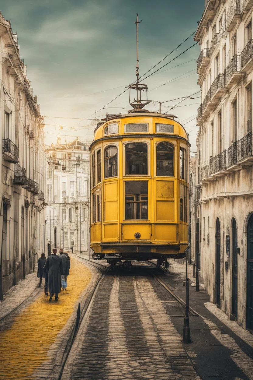 lisbon city view with famous yellow tram, surrealism style, dramatic