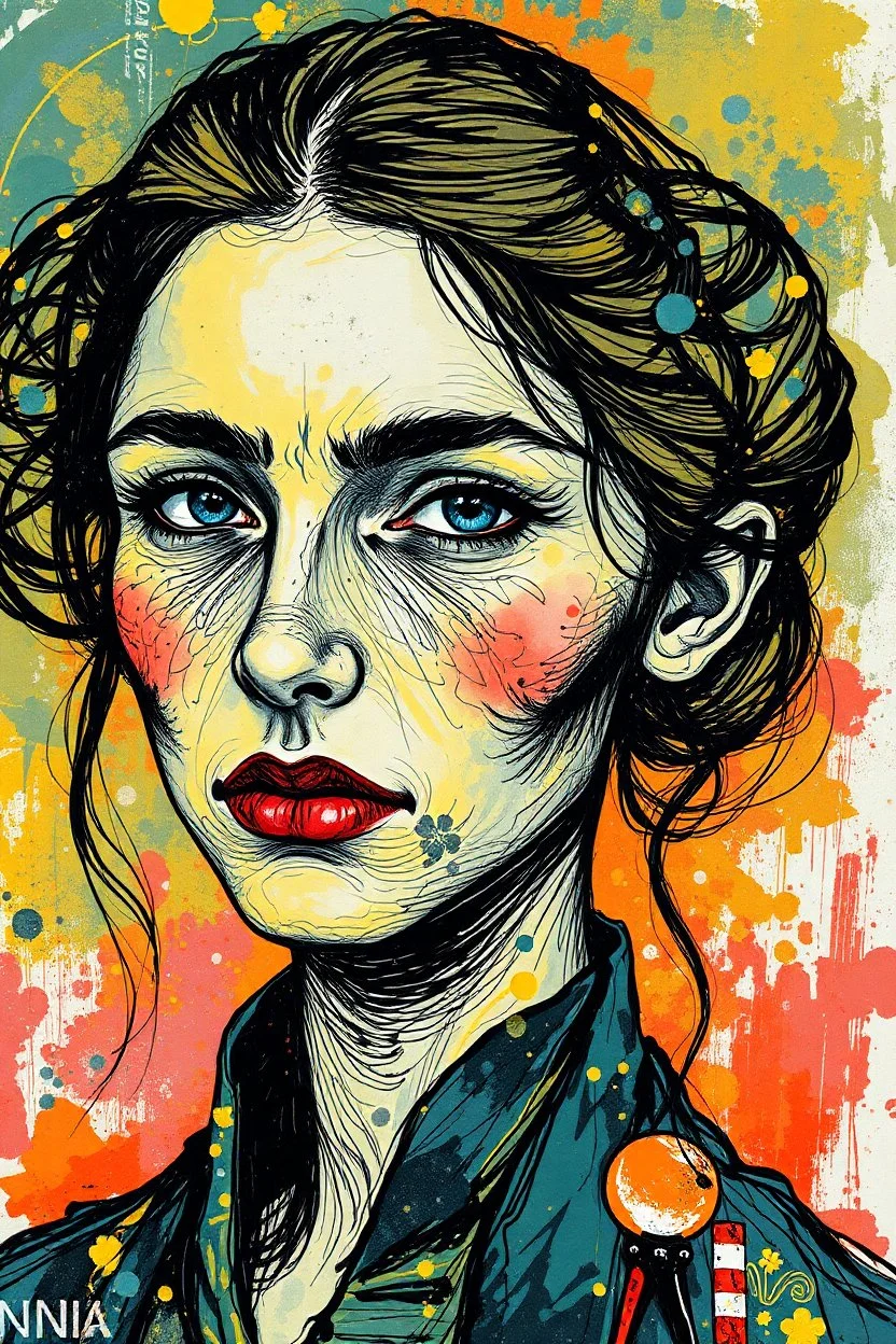 Ink oil portrait illustration of Vincent Van Gogh as a woman with highly detailed facial features in the magical realist style of Andrea Kowch and the abstract pop surrealism of Russ Mills in vibrant natural color