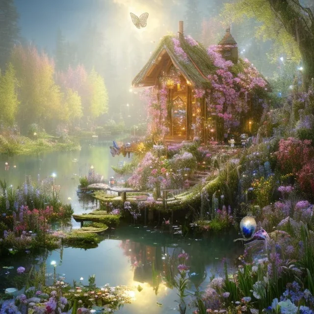 high-quality, fine-detail beautiful, stunning fairy sitting beside a clear, reflective lake, flowers, butterflies, small globes of iridescent light, tranquil, gorgeous, 8k resolution, 3D octane render, intricate, sharp, crisp, digital art, detailed matte, volumetric lighting, George Grie, Anne Dittman, Anne Stokes, Lisa Parker, Selina French, Raphael Augusto,