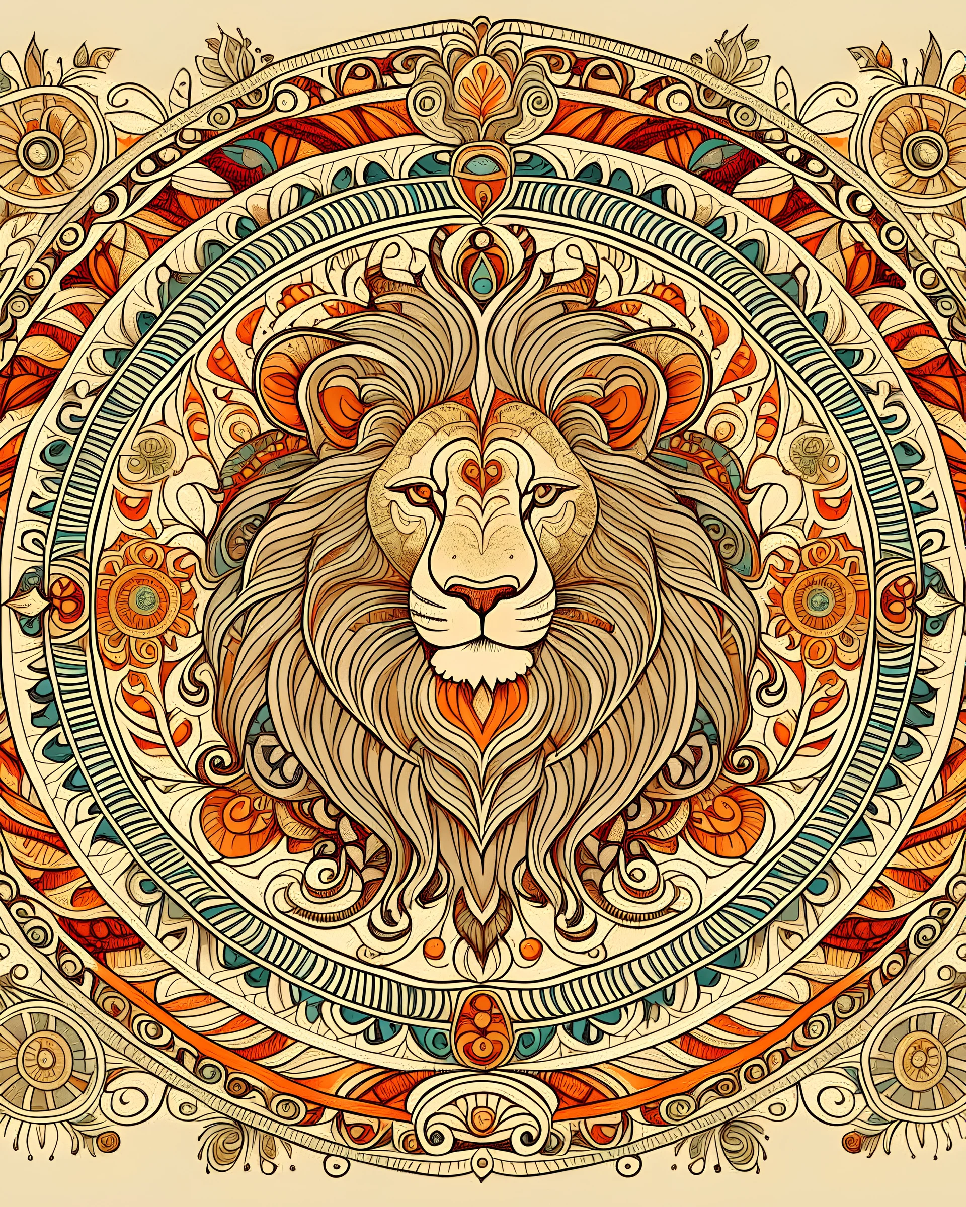 A majestic lion illustration at the center of the mandala, surrounded by intricate patterns and floral motifs.