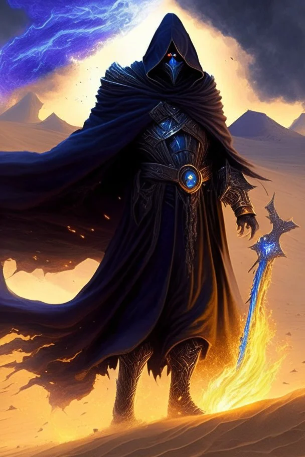 Thanos is the god of power and evil The commander wears a black cloak and a long coat with long combat boots and a long spear with a hat under his cloak with blue flame eyes, a sword like a spear The sun in the palm of a brave man in the middle of the desert