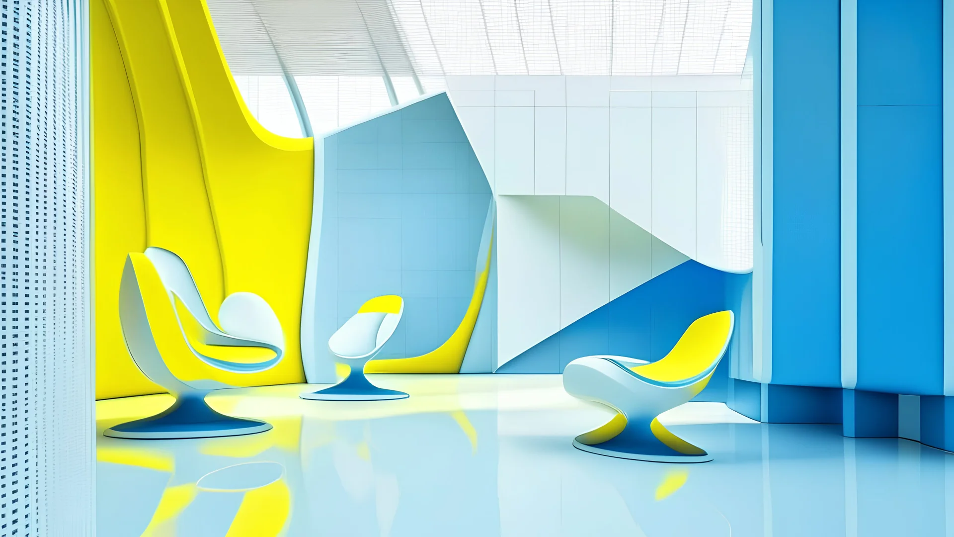 Futuristic interior space with sleek stainless steel mesh and white concrete inclined walls, blue floors, figure seated on vibrant yellow chairs