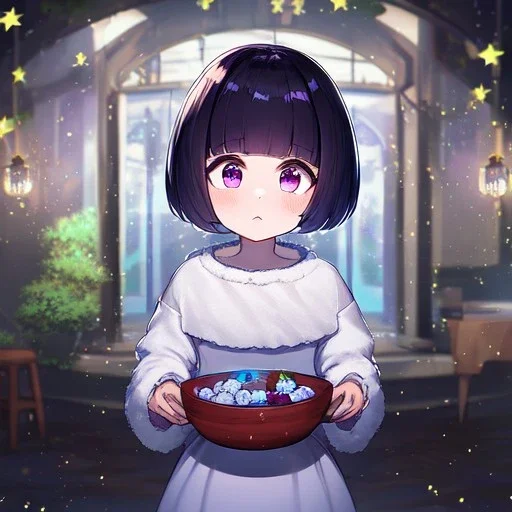 Clear focus, High resolution, A anime kid, cute, rough line skecth, hard shading, stars around 1girl, short dark cyan hair, fluffy short bowl cut, purple eyes