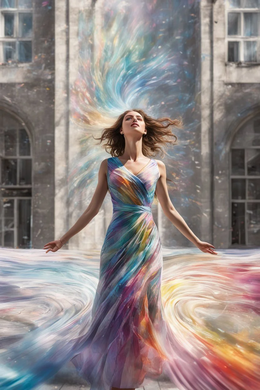 Photorealistic young woman in a dress, standing, with arms raised, looking at the front of a building at midday, with coloured auras swirling around her