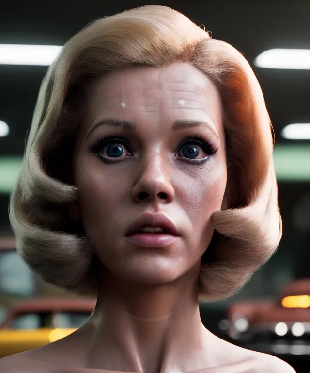 Ultra Realistic retro sci-fi movie Supermarket parking scene, 1960 year, waist up view portrait, 2 clones blonde women, sweet teenager Jane Fonda face, perfect iris, glow eyes, face makeup, tight latex coat, Scare people background, Retro sci-fi style, soft color, highly detailed, unreal engine 5, ray tracing, RTX, lumen lighting, ultra detail, volumetric lighting, 3d, finely drawn, high definition, high resolution.