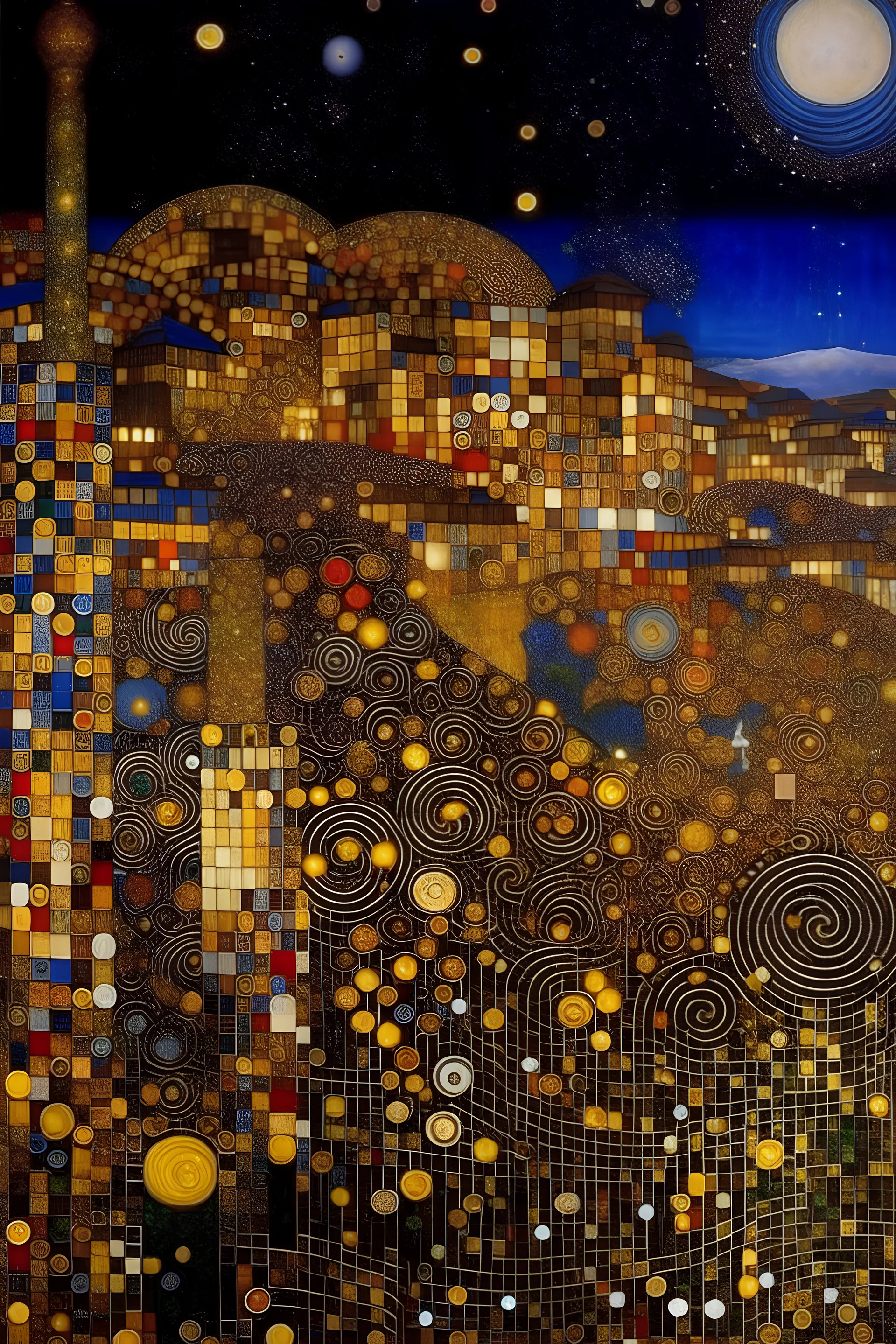 ciudad sagrada bajo un cielo de estrellas cosmicas, muy iluminada plano difuso seres estelares la custodian estilo Gustav klimt