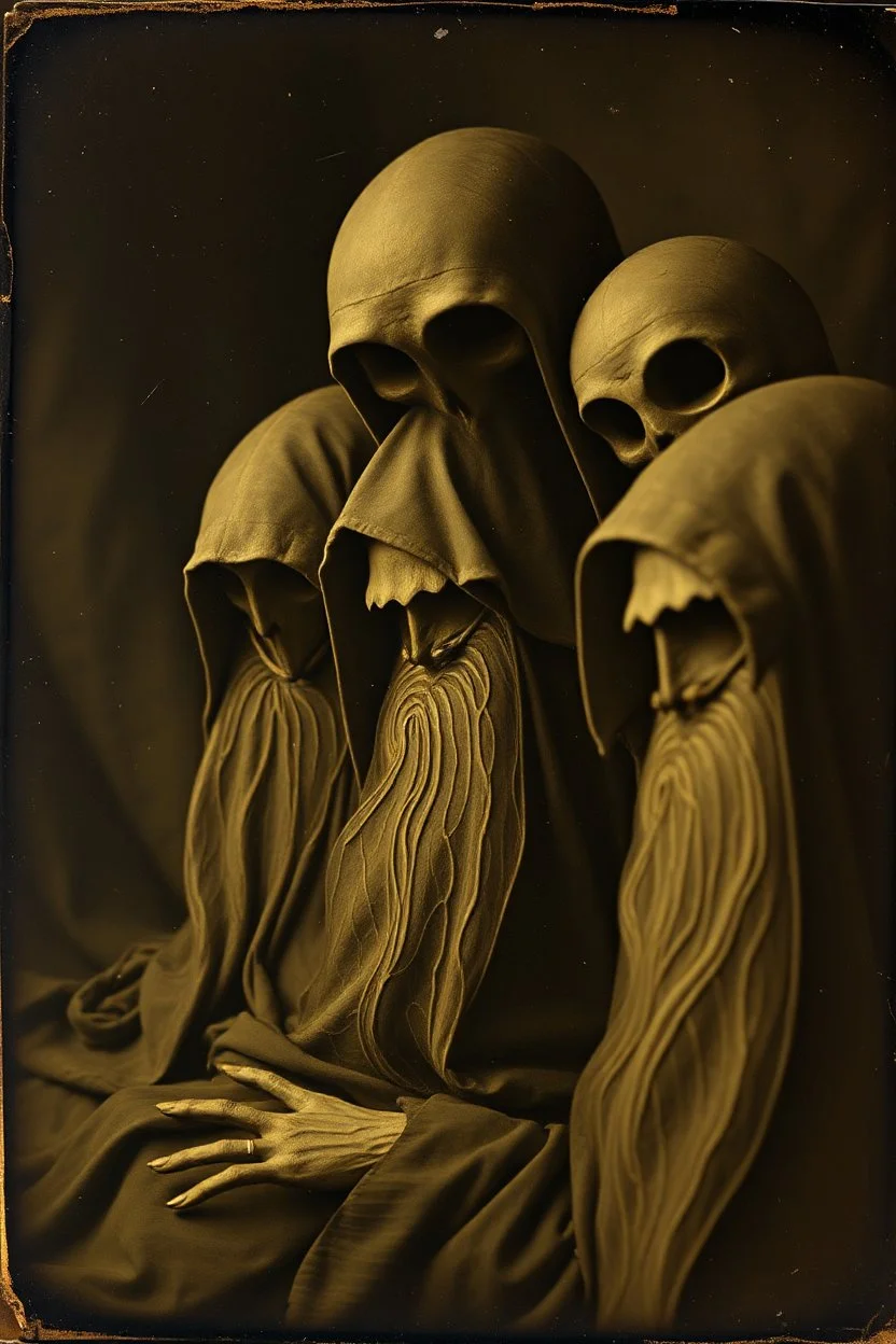 Daguerrotype close up some mysterious figures, odd background, Hieronymus Bosch, ambient light, by Minicavio Quollati and Marlost Endgulp, Amano, Botticelli, Alphonse Mucha