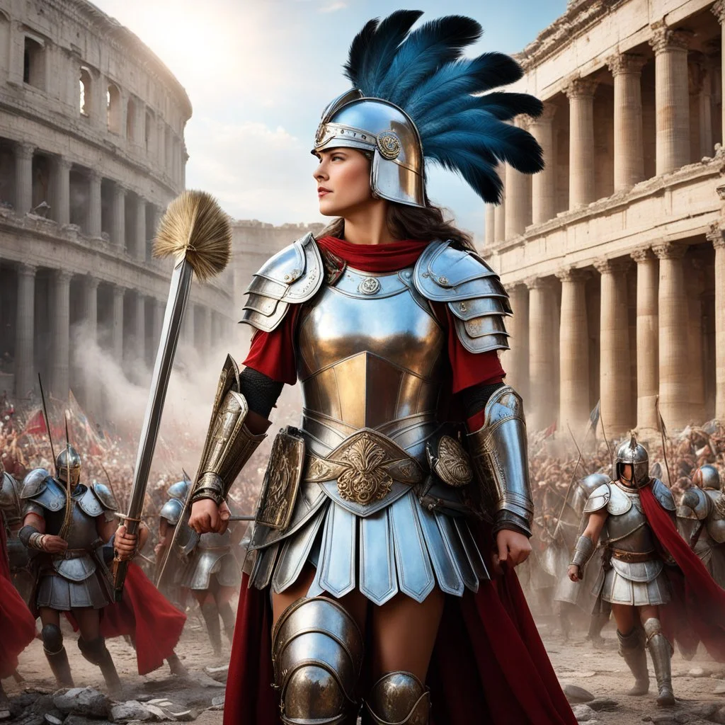 In the heart of ancient Rome, a woman Roman legionary stands tall amidst the chaos of the Roman celebration. Clad in gleaming armor, her helmet adorned with a majestic plume, she exudes an aura of strength and determination that sets her apart from the revelers around her. As the music and laughter swirl around her, the legionary remains stoic and vigilant, her eyes sharp and focused