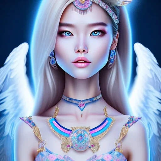 portrait of a beautiful mongolian woman with an angel face smiling,long blond hair, blue eyes, pink and blue dress, jewels, soft light aura