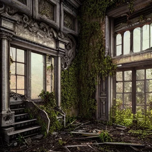 close-up of an abandoned, two story building, crumbling, debris, weeds, overtaken by nature, 8k resolution, high-quality, elaborate, fine-detail, intricate, baroque, detailed matte, digital art, volumetric lighting, illustration, 3D octane render, brian froud, howard lyon, selina french, anna dittmann, annie stokes, lisa parker, greg rutowski