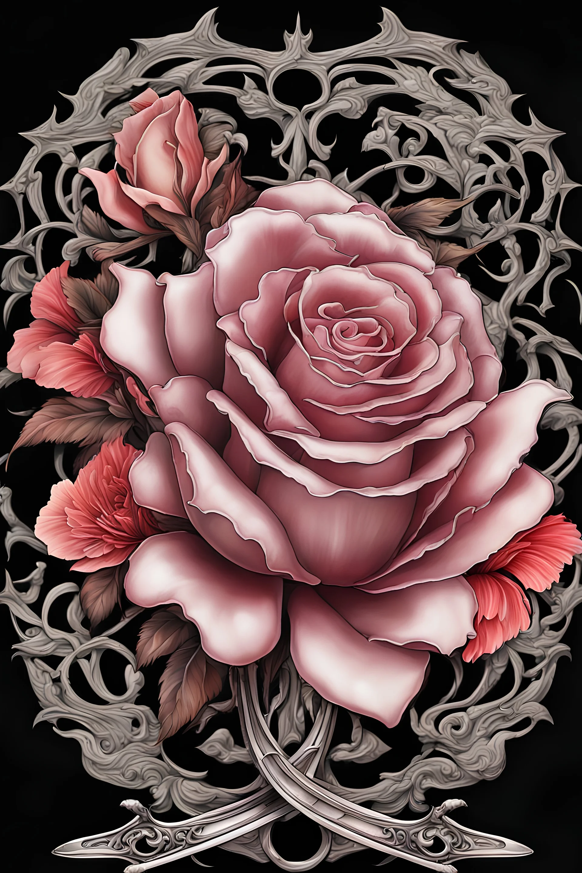 create an image of a flower tattoo , with swords, and roses ; 3D , realastic style. bright colors; black background