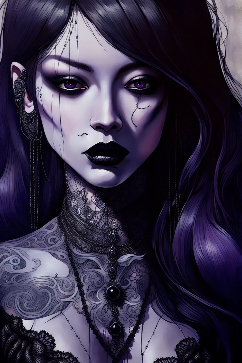 painting of a woman with dark purple-black long hair and black tattoos on her body, a cold, indifferent expression, silver and black onyx jewelry, black lace dress, cybernetics, crepy stunning anthropomorphic female, Minjae Lee vibe, cbybernetic and etheral human, ancient deity, by Vincent Lefevre and Yoshitaka Amano