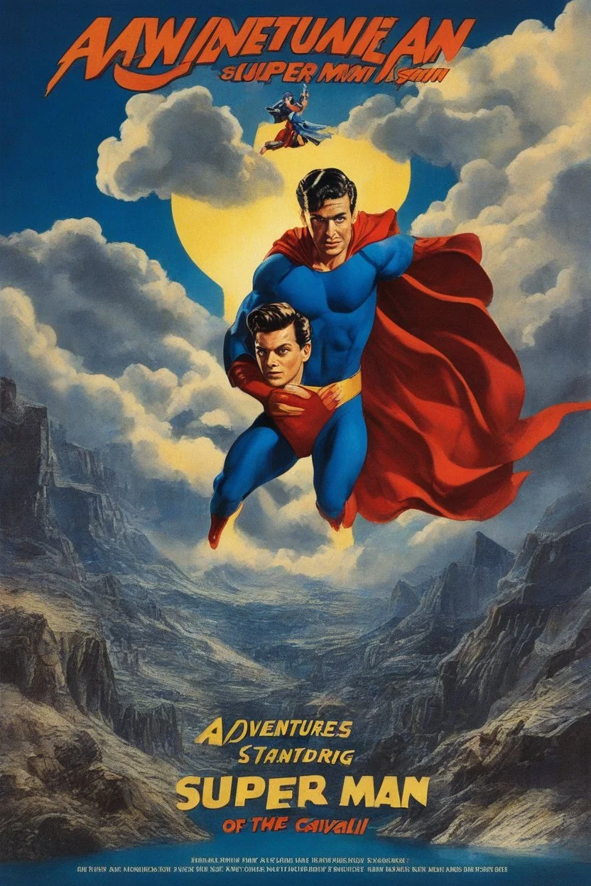 Create a movie poster for the 1939 movie "The Adventures of the Super-man," Starring Hank Cavall, 4k, 8k, 16k, 32k, 100k UHD, Ultra-high resolution, photorealistic, 1080p, 4k, 8k, 16k, 32k, 100k UHD, Ultra-high resolution, photorealistic, 1080p, (matte skin:1.5), (extremely detailed face:1.5), (realistic human hair:1.5), (intelligent eyes:1.5), masterpiece, octane render, (long shot environmental portrait:1.8) photography, (ultra sharp focus:1.6), (ultra deep depth of field:1.5),