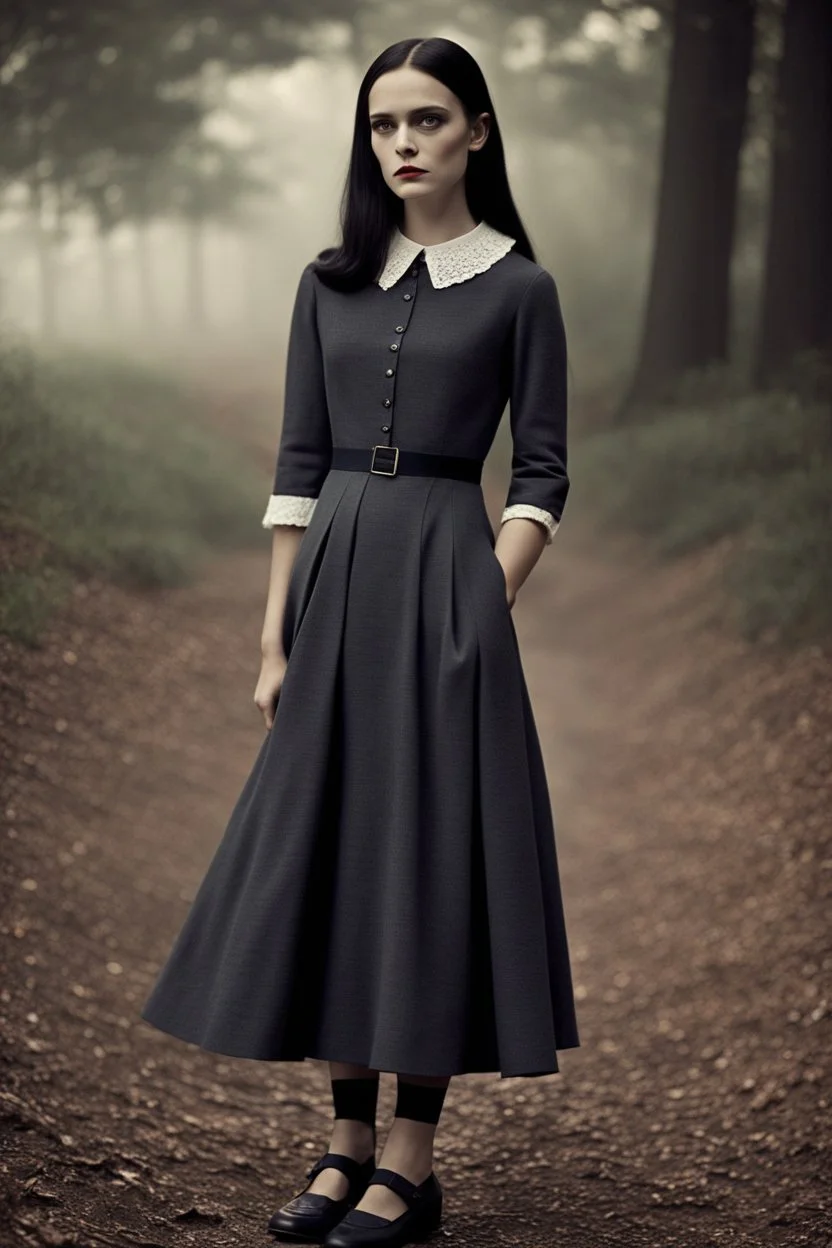 Wednesday Addams wore a fit-and-flare dress hitting below the knees, made of finely ribbed wool in a muted charcoal. Three-quarter sleeves and a high lace collar lent it an air of mystery. At the waist was tied a wide sash of deepest navy silk, swaying gently as she walked. On her narrow feet were oxford shoes the color of stormclouds, laced up to her ankles. A felt hat the same gunmetal hue covered her dark bob, its slight brim casting deepening shadows across her pale features.