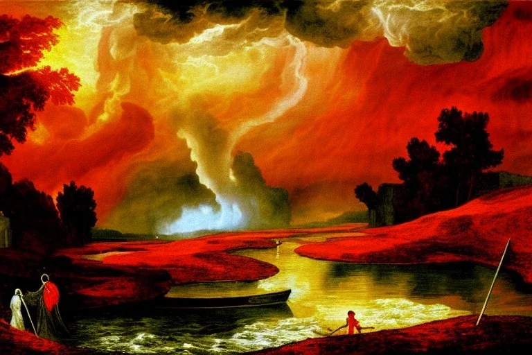 The red hot River Styx leading to hades, Charon, high detail, Impressionist painting, fine detail, high quality, masterpiece