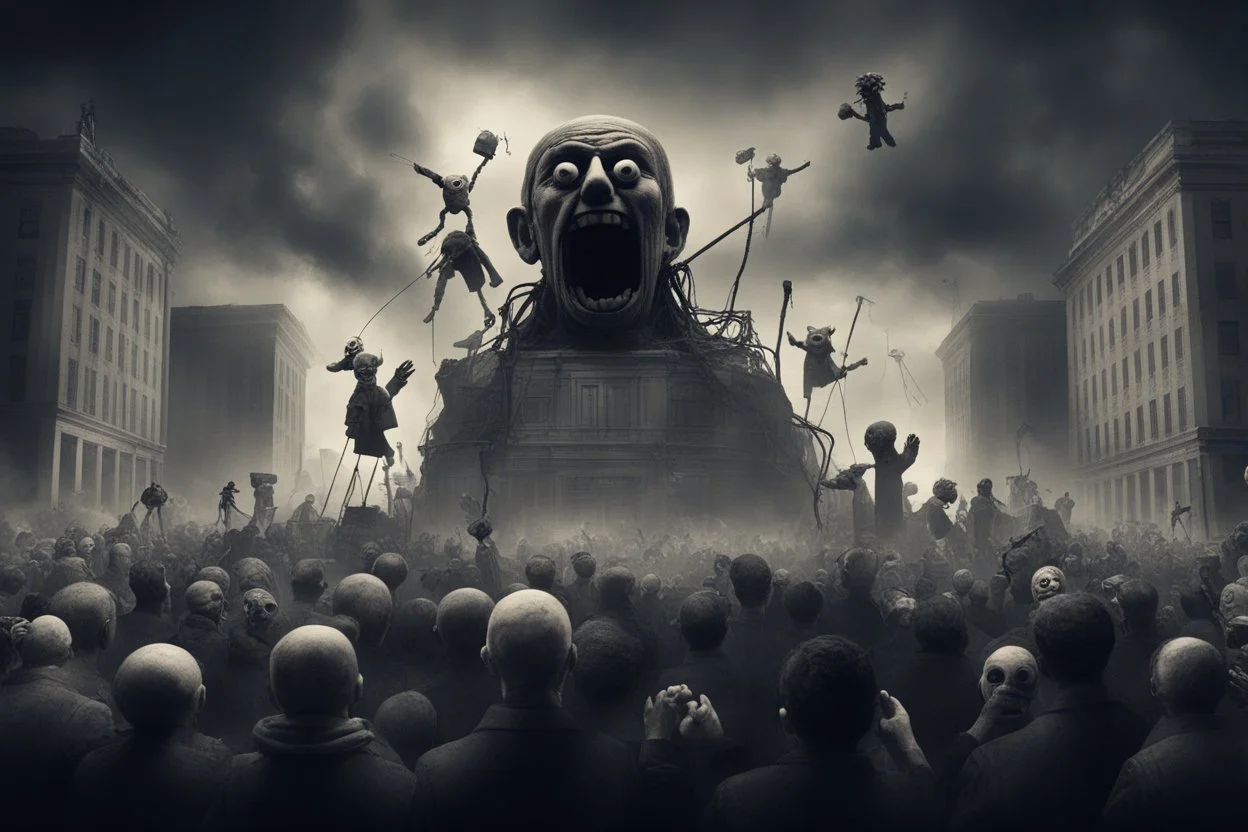 an evil government looms above, wielding puppets below as the news media broadcasts their suffering in the background, dystopian, dread, horror