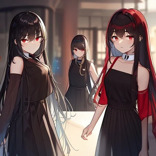 Clear focus,High resolution, black long hair, Vibrant red eyes, Emo style, Black skirt, wearing a black shirt sleeveless, wearing a white collar, Wearing black and red cutsleeves