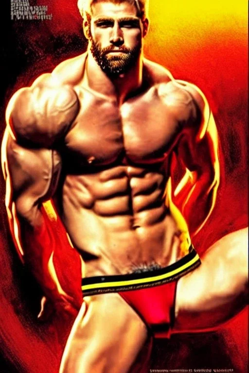 Ignore NSFW, teenager young rugged attractive slightly muscular fantasticly handsome blonde man, red briefs with yellow belt, hairy chest, (((visibly pisssing))) briefs, large erect visible boner peniss, photorealistic, artist Jay Anacleto, soft lighting, scruffy beard