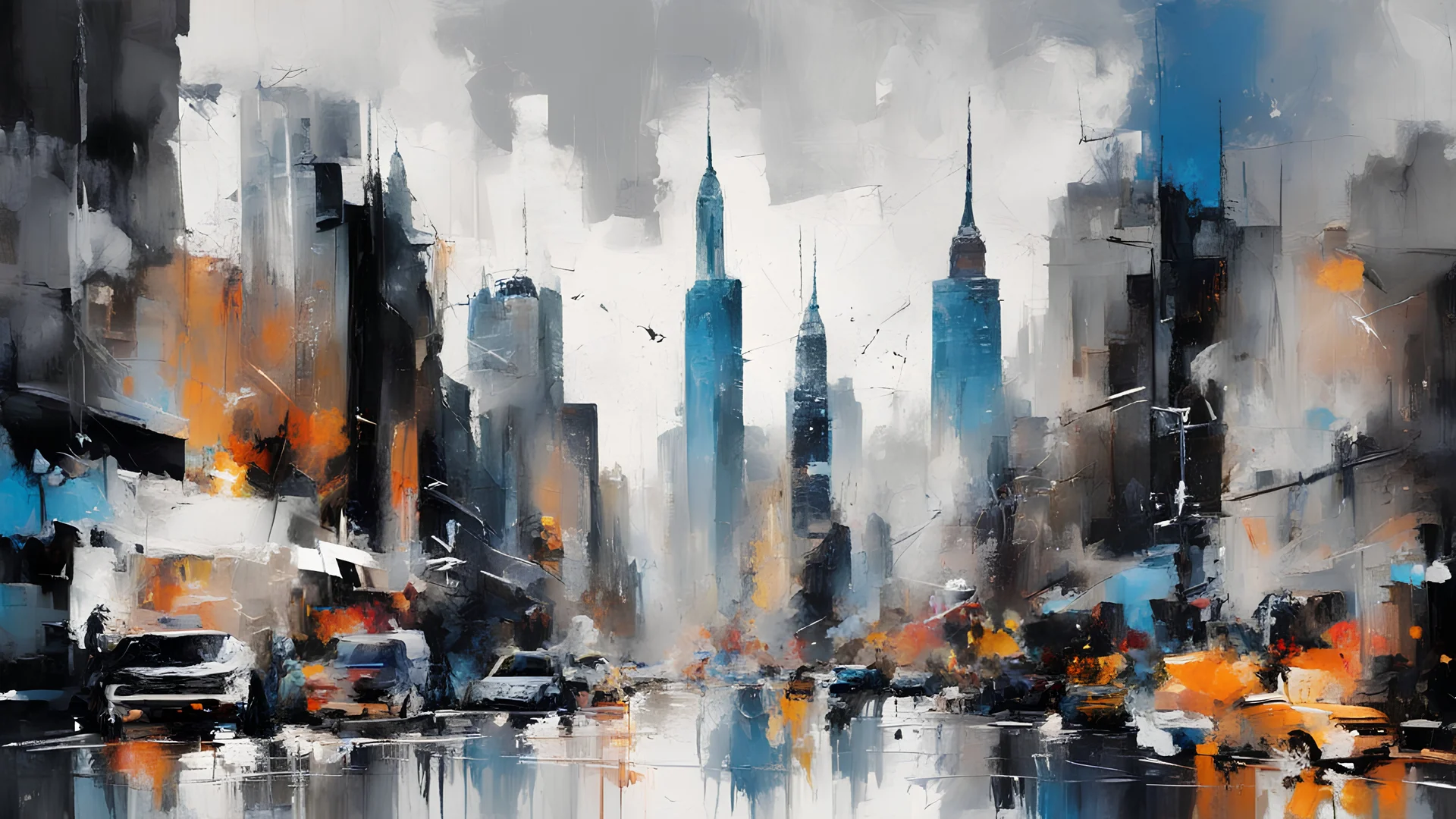 abstract oil painting: city skyline buildings, gray-black-white-blue colors New York. Willem Haenraets artistic style, Derek Gores, Highly Detailed, Afremov, colorful in Kal Gajoum style