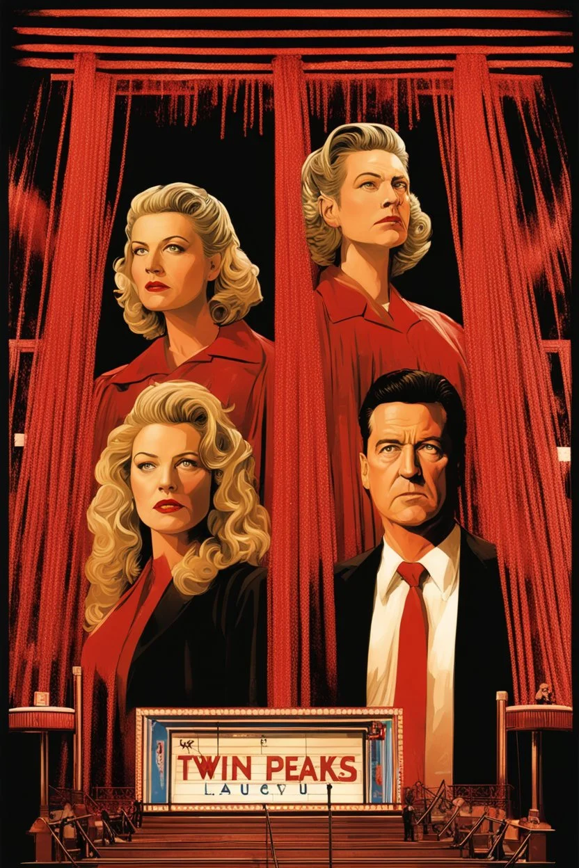 Movie poster art for "Twin Peaks" surreal TV drama by David Lynch, 'Who Killed Laura Palmer?', double exposure photo layering of ethereal Kyle Mcgloughlin and Sheryl Lee visages, beautiful modern poster composition by Drew Struzan, stunning dramatic artistic composition, red stage curtain bordering.