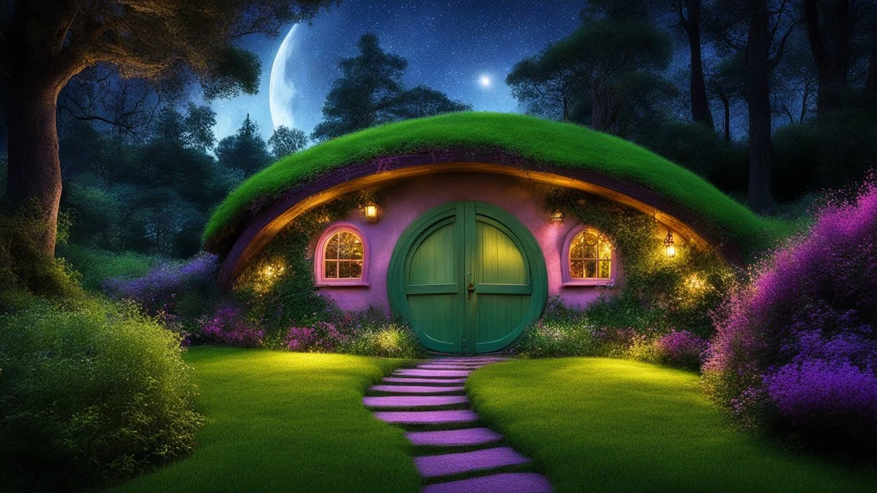 hobbit cottage in the woods surrounded by trees, night, fireflies, whimsical feel, pinks, blues, purple and green colors, circular hobbit-style door, circular hobbit-style windows, green grass roof, moonlight, chiaroscuro, fireflies, quaint, homely