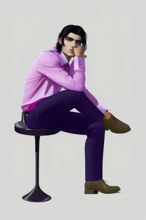 A guy with black hair, sitting on a chair, wearing a beautiful white shirt with pleats. in trousers with pleats