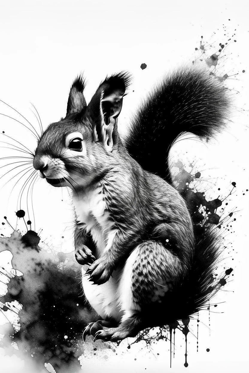 Watercolor black and white abstract squirrel